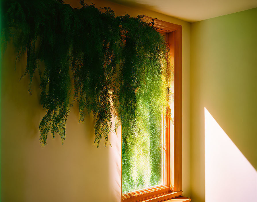 Sunlit window adorned with a green hanging plant creating cozy ambiance