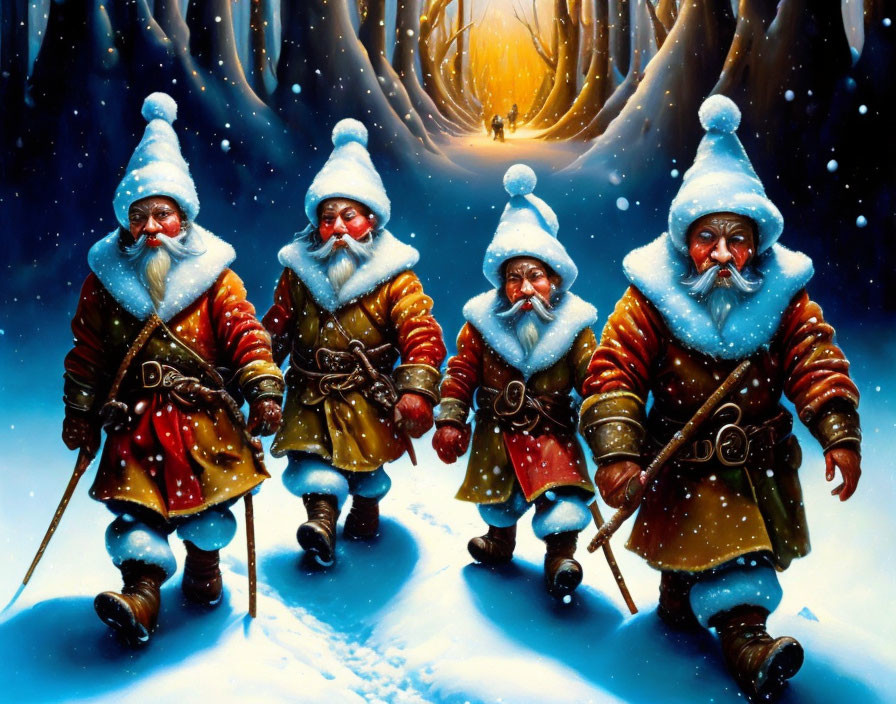 Colorful fantasy dwarves trekking in snowy landscape with lantern-lit path