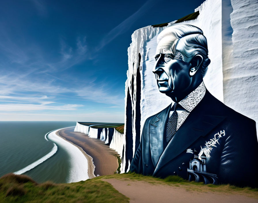 Gentleman in suit mural on cliff overlooking coastal bay