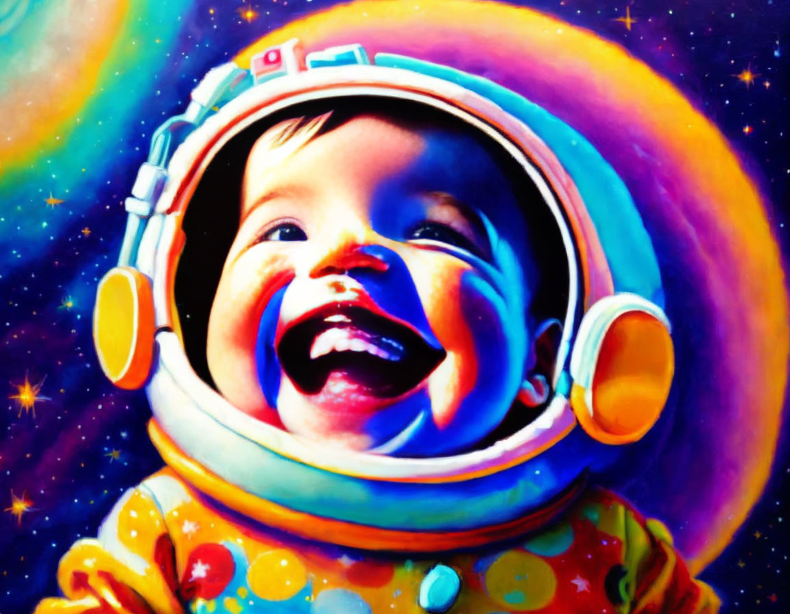 Colorful painting: Baby in space helmet on cosmic backdrop