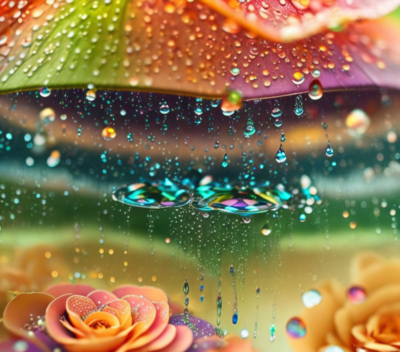 Colorful umbrella and flowers with water droplets close-up.