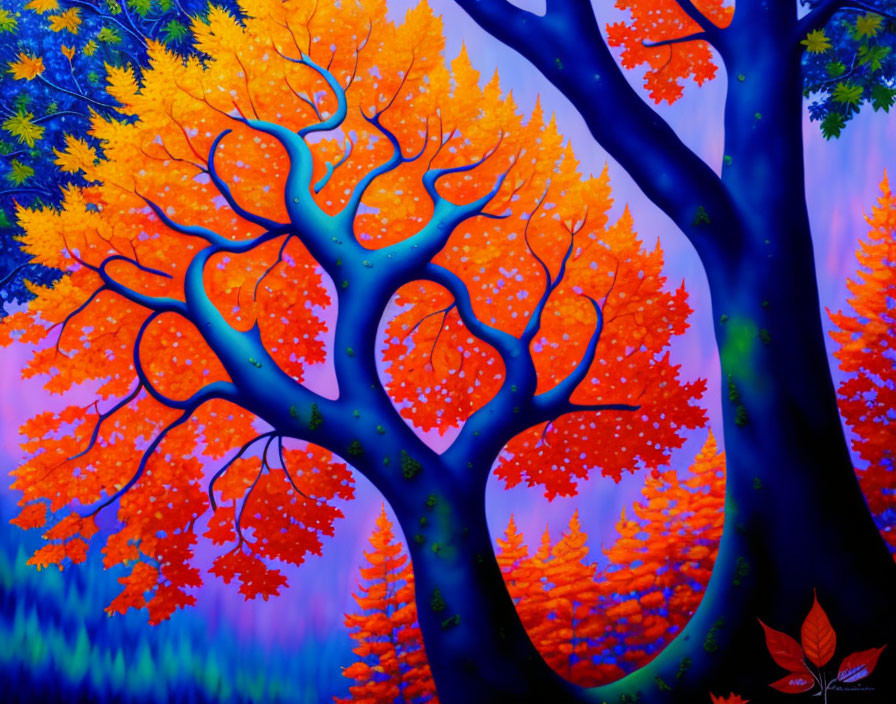 Colorful painting of tree with orange leaves under purple skies