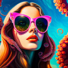 Colorful artwork: Woman in pink sunglasses with octopus tentacles on blue background