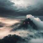 Misty mountain with lit structure in stormy sky