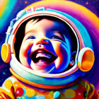 Colorful painting: Baby in space helmet on cosmic backdrop