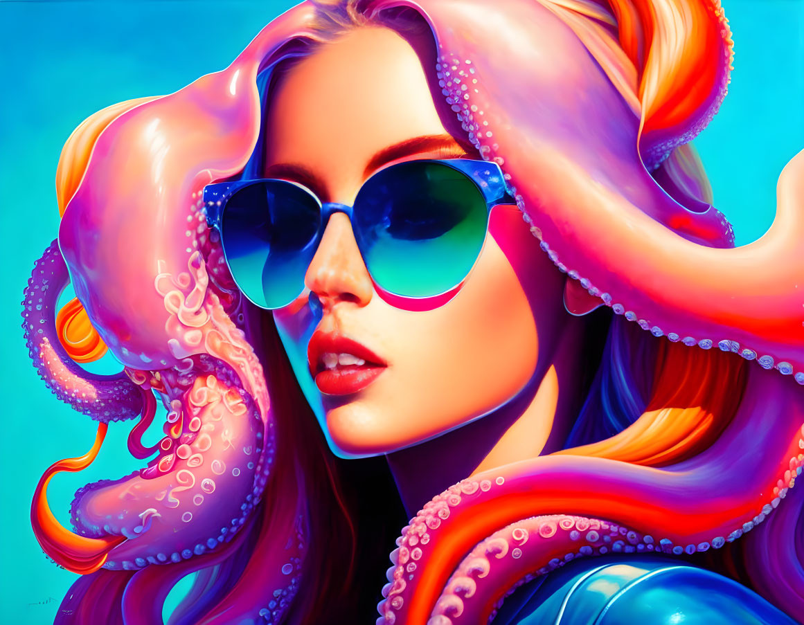 Digital art: Woman with tentacle-like hair in blue sunglasses on turquoise background