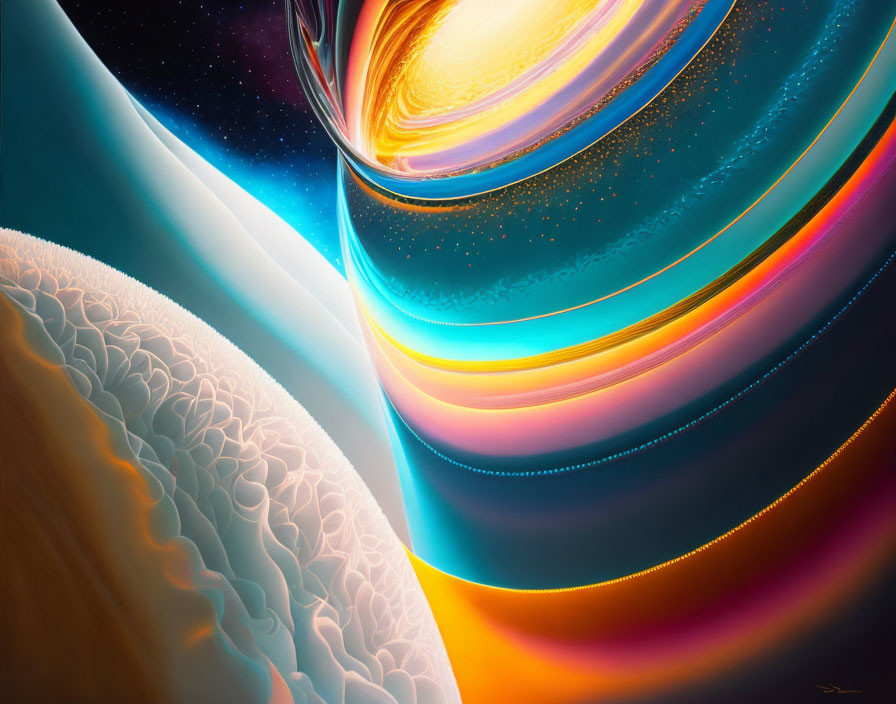 Colorful digital artwork of celestial bodies with cosmic textures