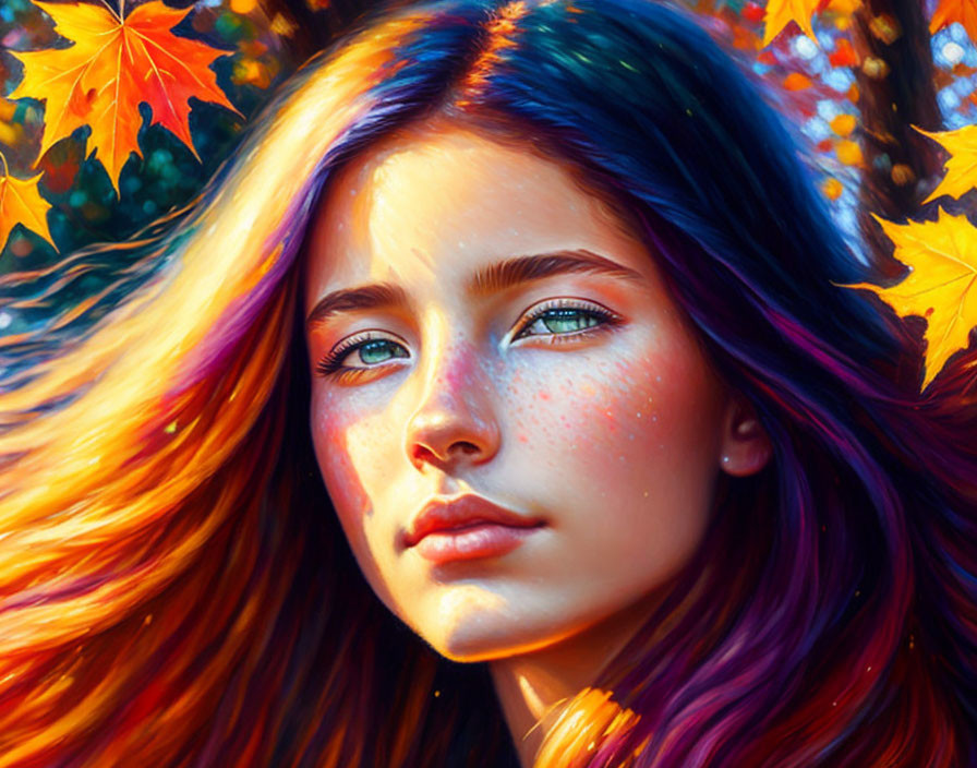 Young girl with blue eyes in autumn setting with sunlight on hair and freckles