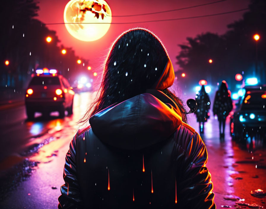 Person in hood stands on rainy street at night with jack-o'-lantern moon.