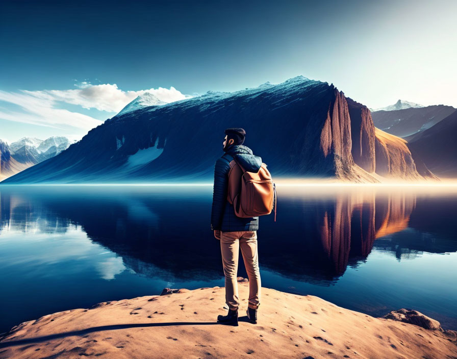 Person admiring mountain landscape reflected on lake from sandy shore