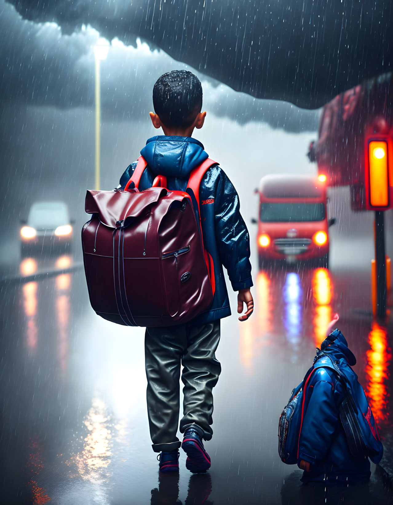 Child with oversized backpack on rainy street as bus approaches