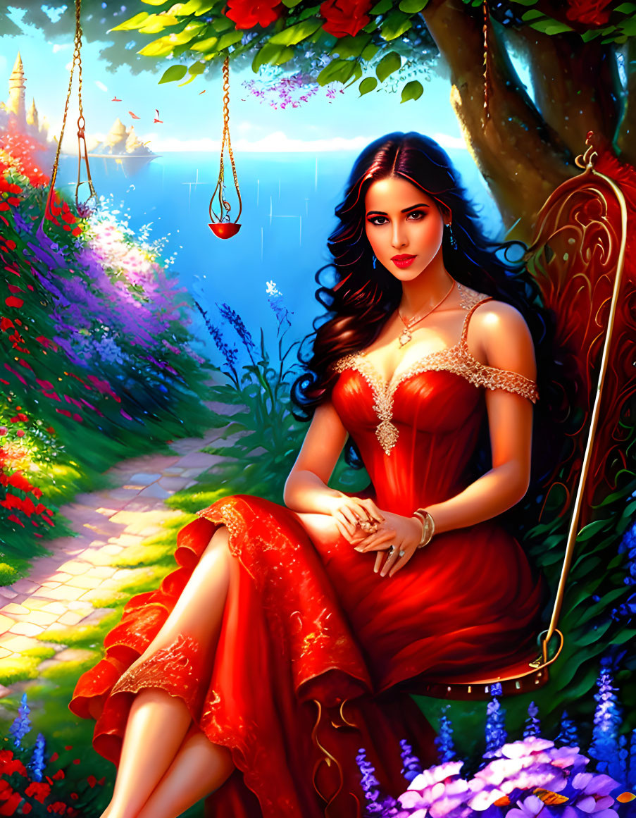 Woman on swing in vibrant garden with red dress, flowers, and castle.