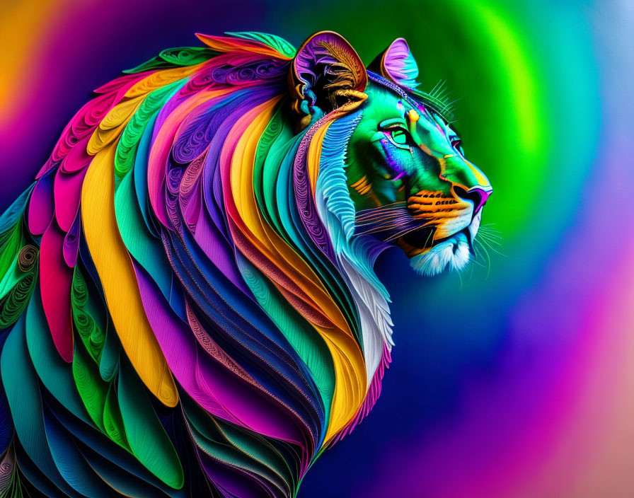 Colorful lion digital art with intricate feather-like mane on psychedelic background