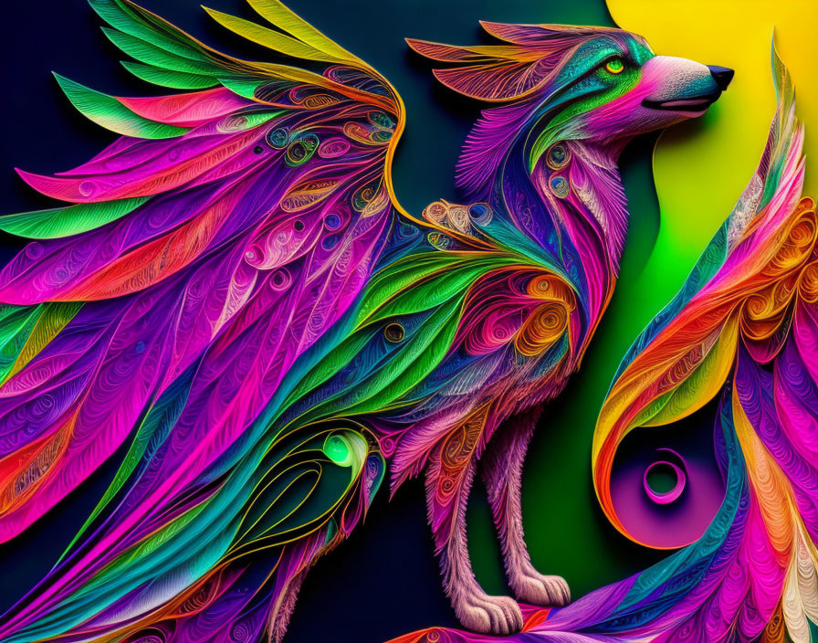 Colorful mythical creature artwork: wolf-bird fusion with feathers