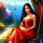 Woman on swing in vibrant garden with red dress, flowers, and castle.