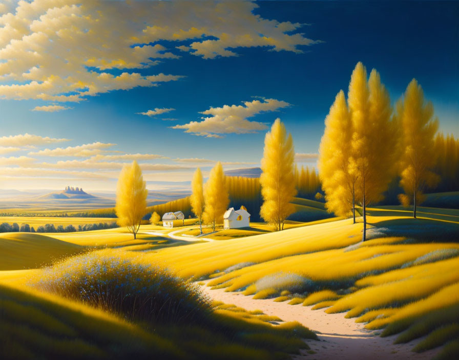 Vibrant yellow fields, golden trees, winding path, white cottage in serene landscape