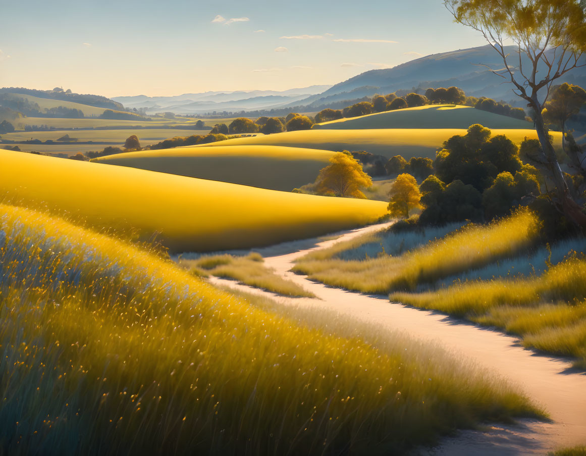 Tranquil landscape: rolling hills, meandering path, scattered trees