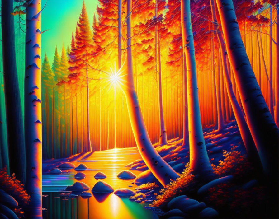 Radiant sunlight in vibrant forest scene with tall trees and serene river