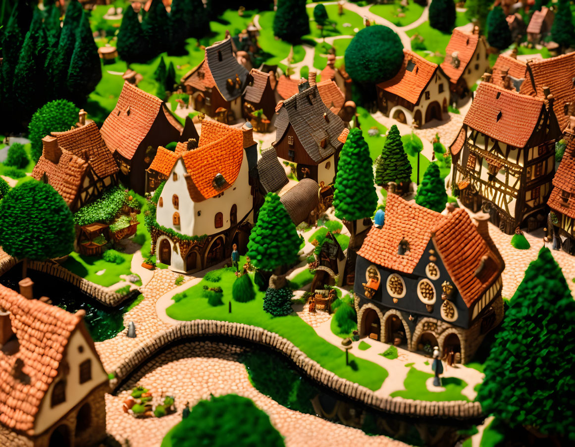 Miniature village with quaint houses, cobblestone paths, and lush green trees