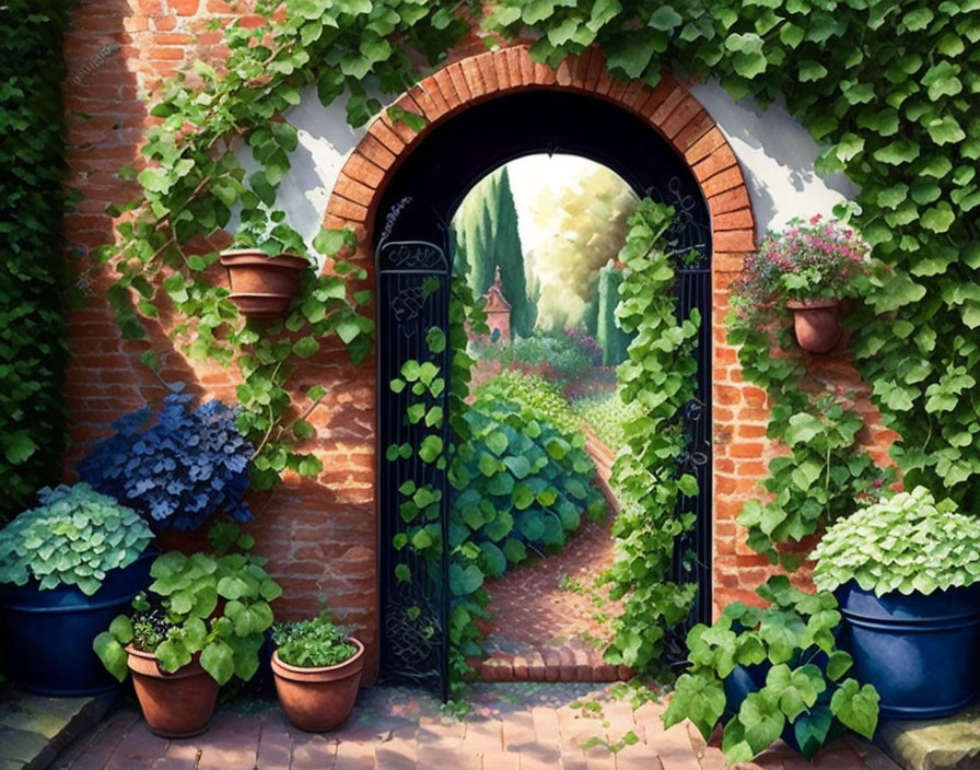 Tranquil garden scene with ivy, potted plants, and pathway