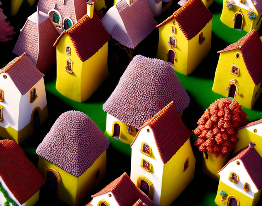 Vibrant miniature houses with textured roofs under soft lighting