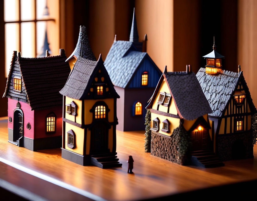 Intricately detailed miniature houses in warm light