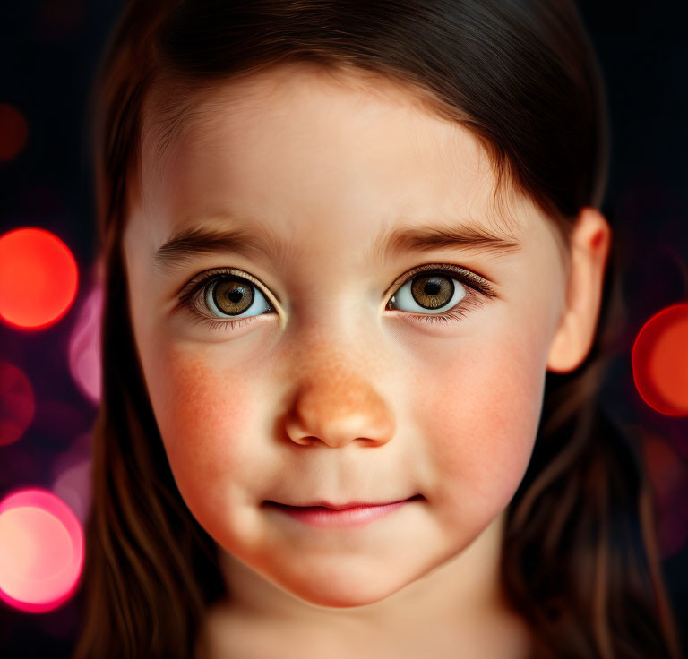 Young girl with big brown eyes and slight smile in close-up portrait.