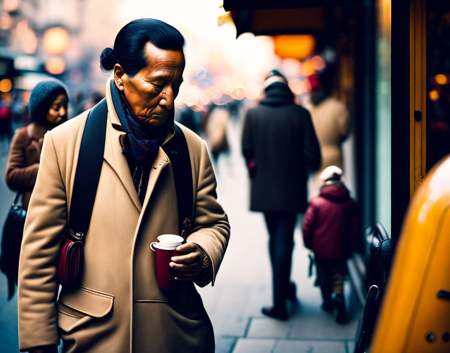 Stylish man with coffee cup strolling in cityscape.