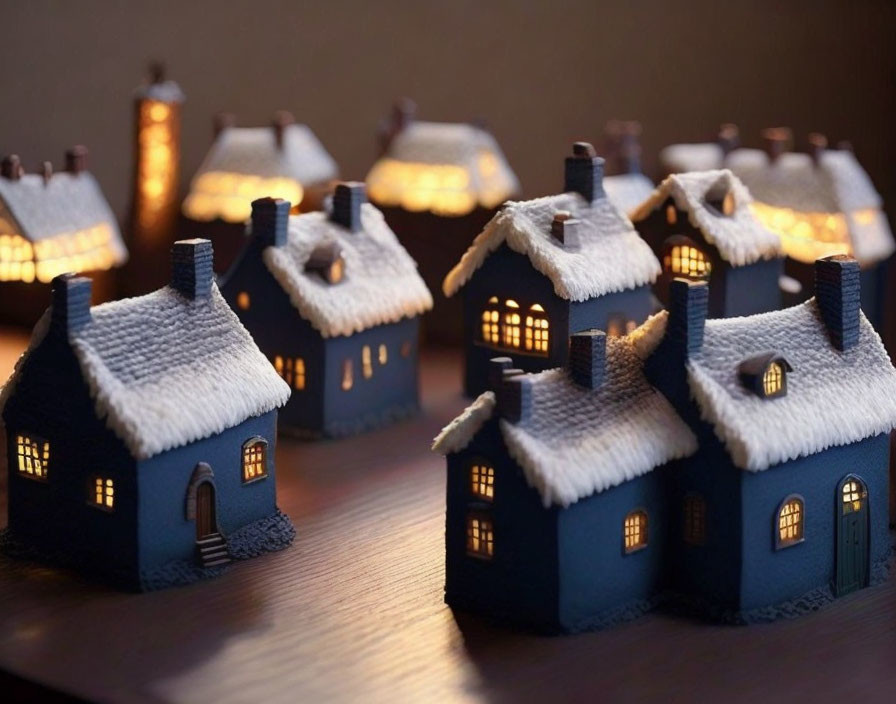 Miniature Blue Houses Illuminate Quaint Evening Village