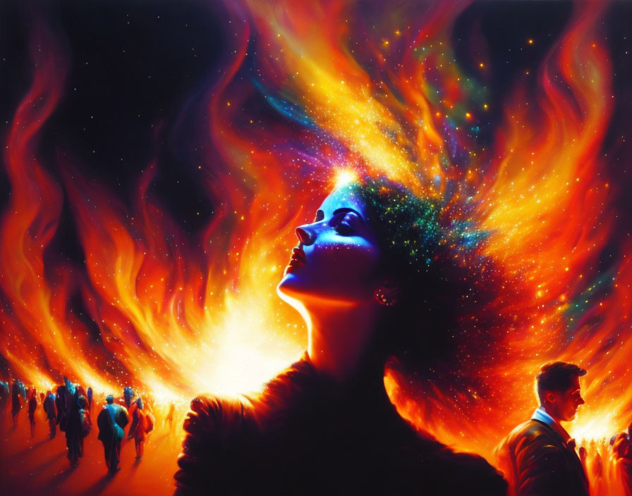 Colorful portrait of a woman with star-filled hair and fiery elements, accompanied by small figures in suits