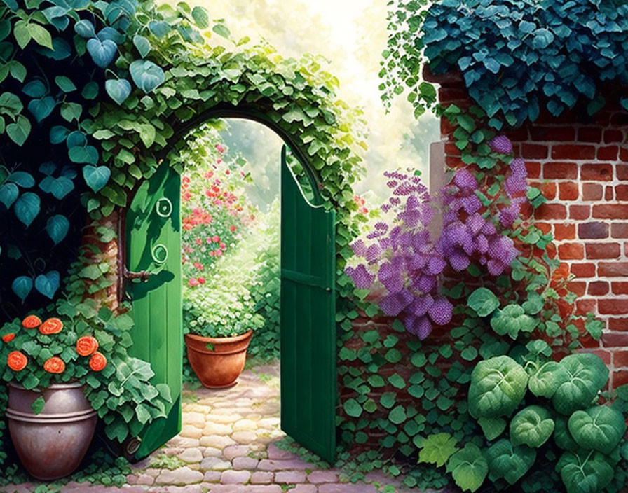 Tranquil garden setting with open green door in brick wall