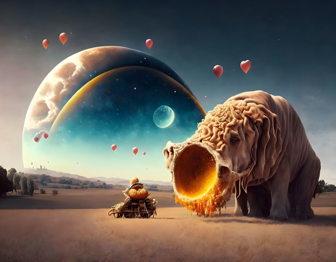 Surreal artwork: giant bull, fire, turtle with world, planets, floating hearts