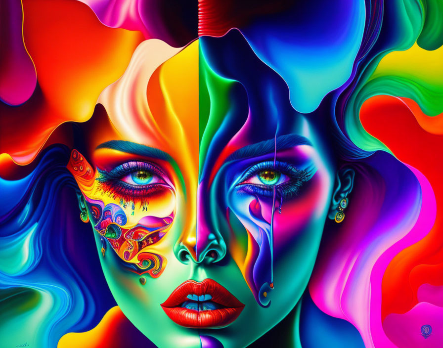 Colorful surreal portrait of a woman with flowing shapes and patterns.