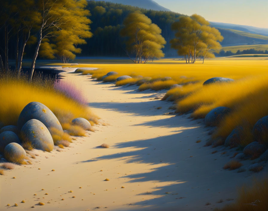 Tranquil landscape painting: sandy path, rocks, yellow bushes, trees, hilly backdrop