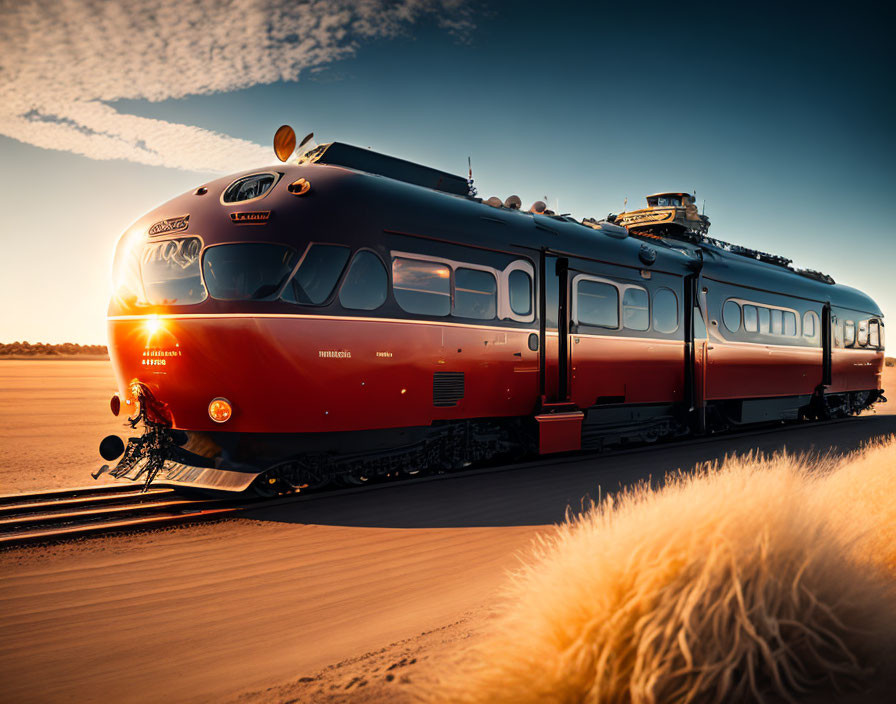 Vintage Red Train on Desert Tracks at Sunset