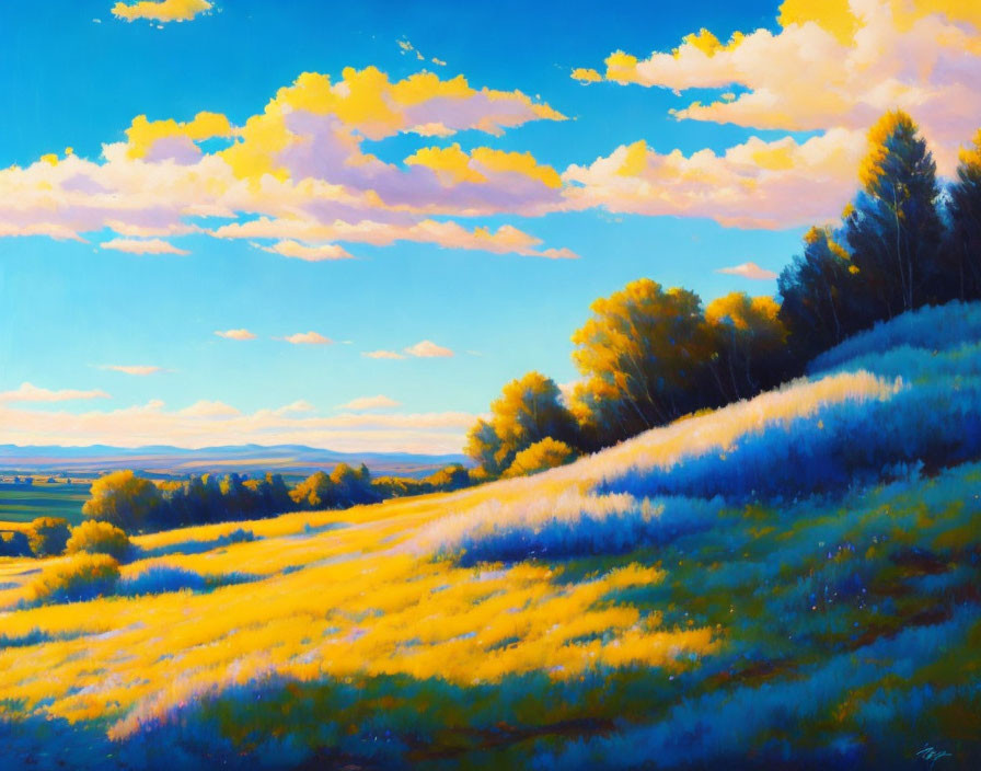 Vibrant landscape painting: rolling meadow, yellow flora, blue sky, fluffy clouds, trees