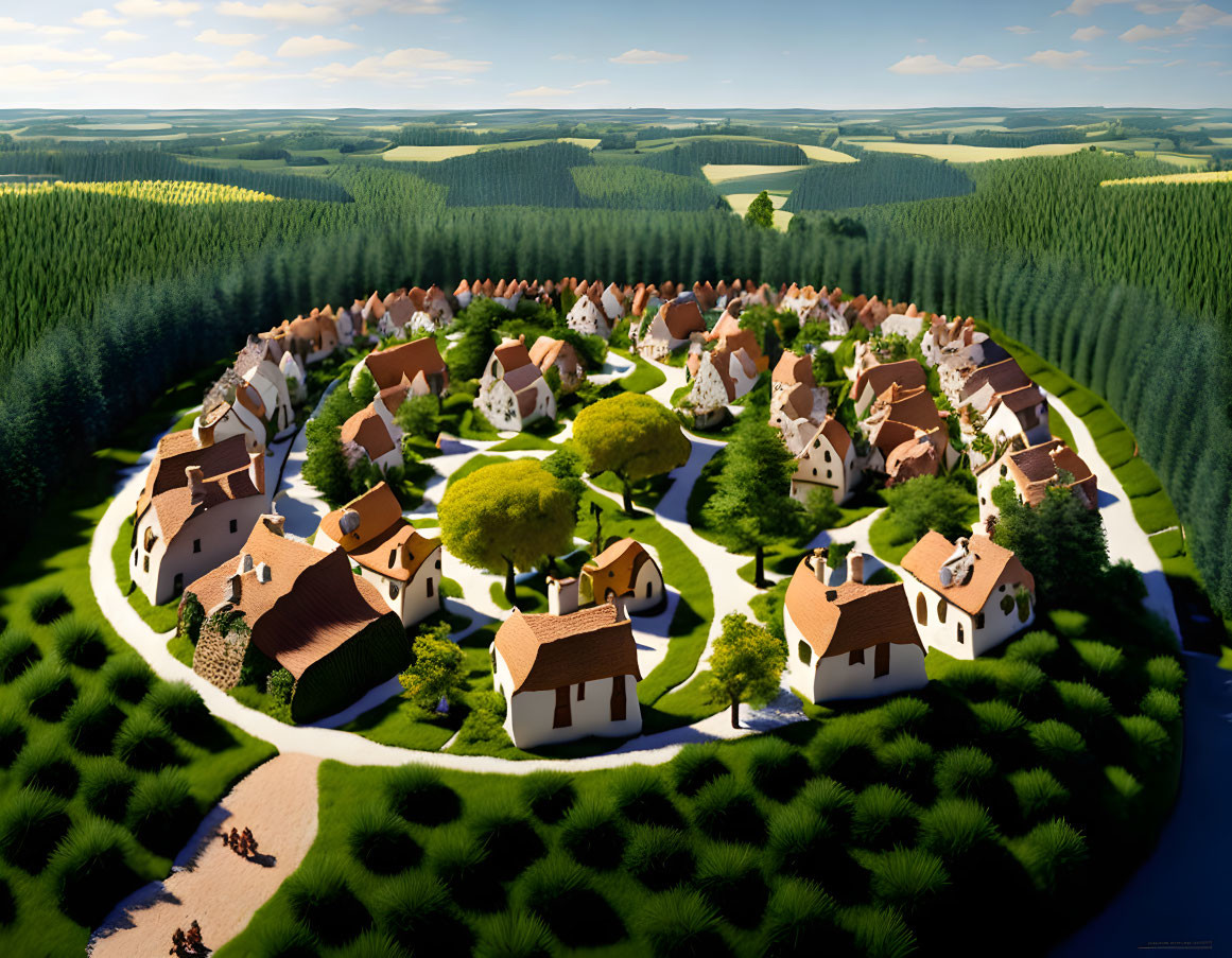 Scenic village surrounded by forest, fields, red-roofed houses, winding paths, and river