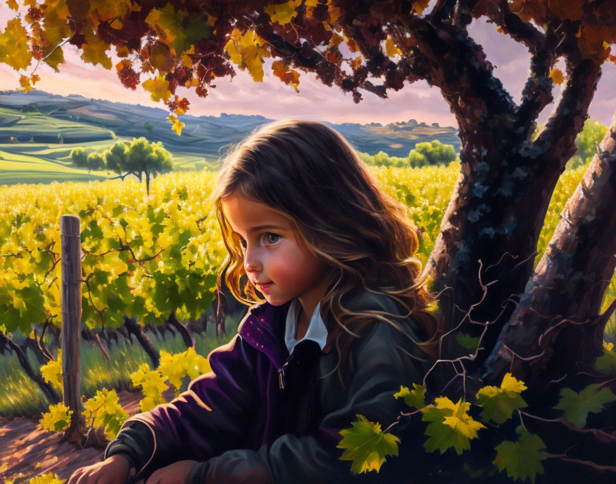 Young girl under tree in vineyard at sunset