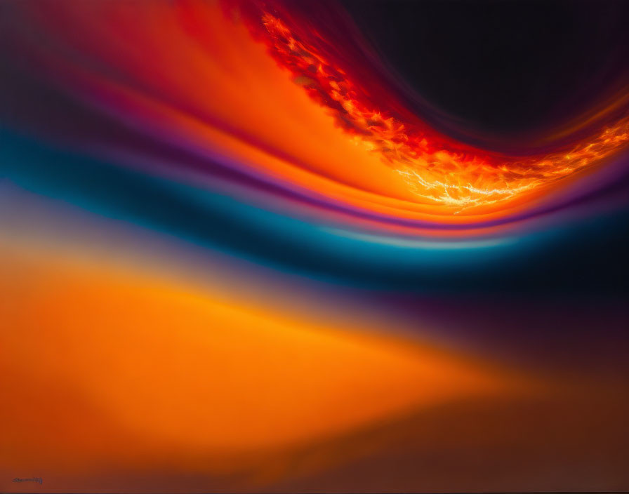 Vibrant abstract art: dynamic, fiery wave in orange, red, and blue on dark background