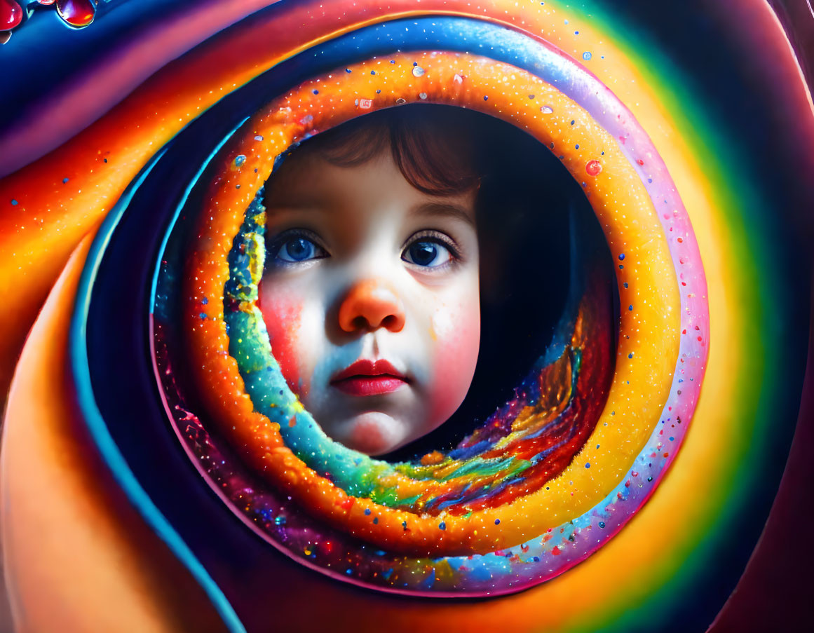 Child's face surrounded by colorful circular patterns and cosmic tunnel theme