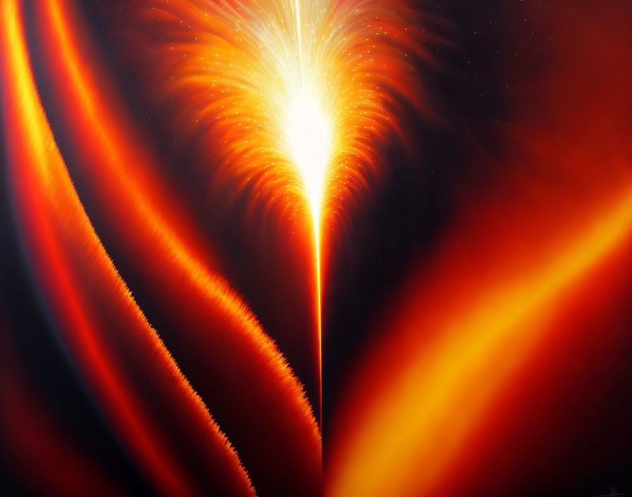 Vibrant digital art: fiery explosion with orange and red streaks on dark backdrop