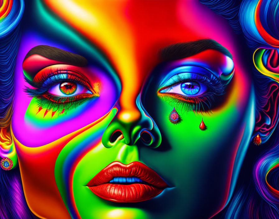 Colorful Psychedelic Art of Woman's Face with Green Eyes & Red Lips