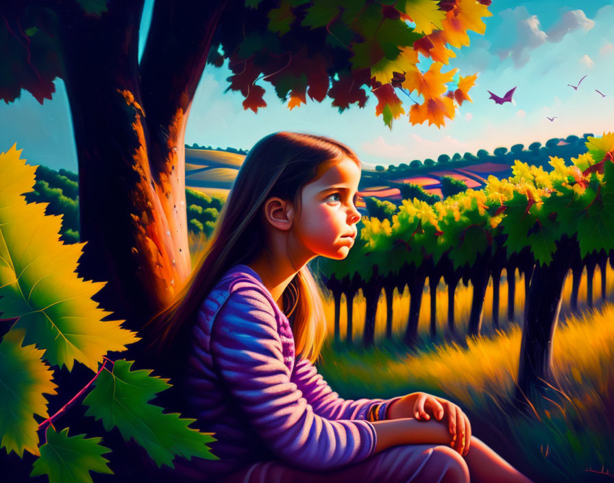 Girl sitting under tree gazes at sunset landscape with orange leaves and rolling hills.