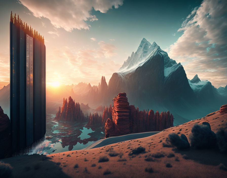 Fantastical landscape with towering pillars and sharp mountains under a sunset sky