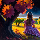 Girl in Purple Dress Under Autumn Tree with Vineyard Sky