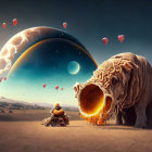 Surreal artwork: giant bull, fire, turtle with world, planets, floating hearts