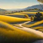 Tranquil landscape: rolling hills, meandering path, scattered trees