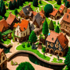 Miniature village with quaint houses, cobblestone paths, and lush green trees