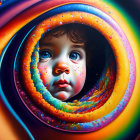 Child's face surrounded by colorful circular patterns and cosmic tunnel theme