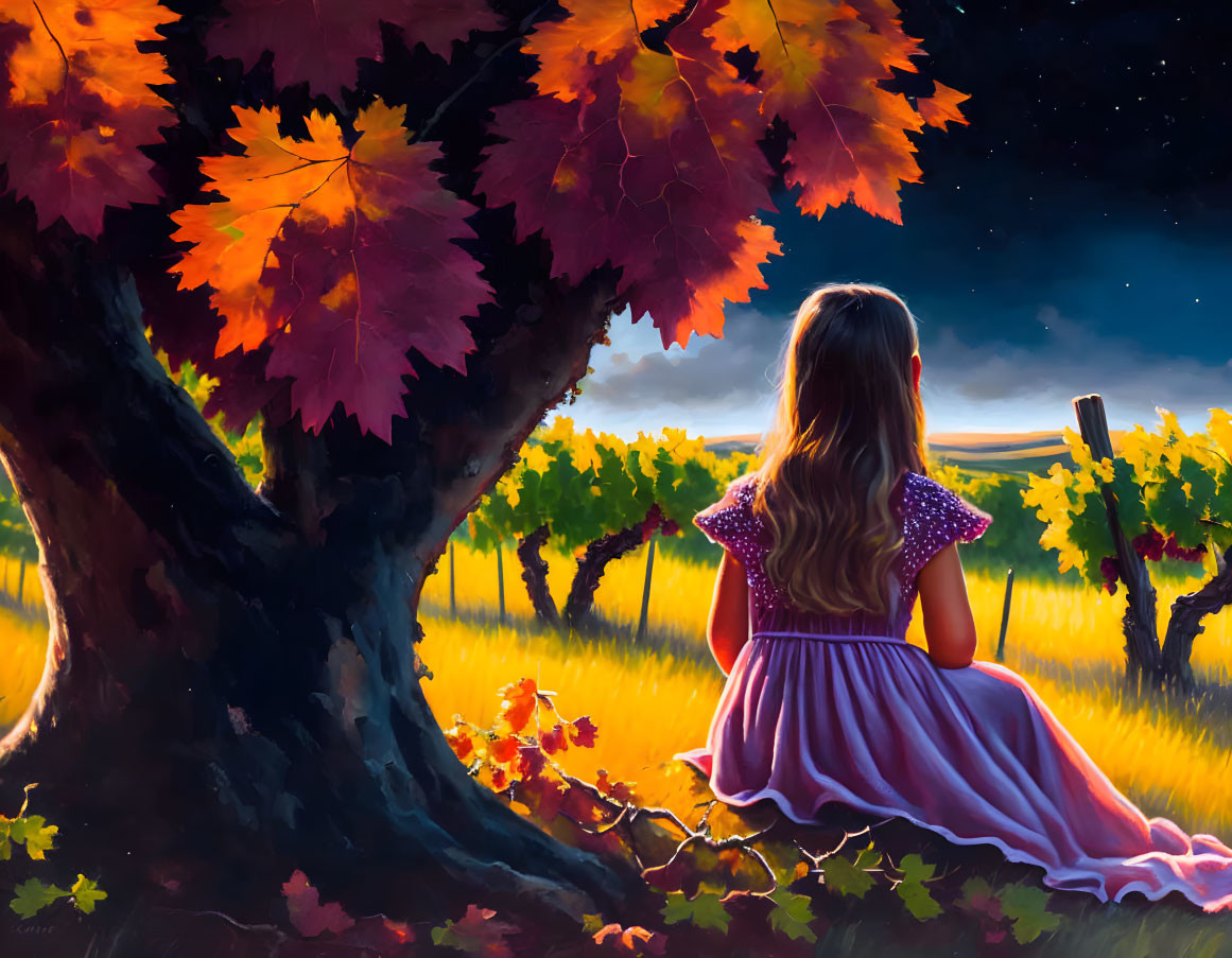 Girl in Purple Dress Under Autumn Tree with Vineyard Sky